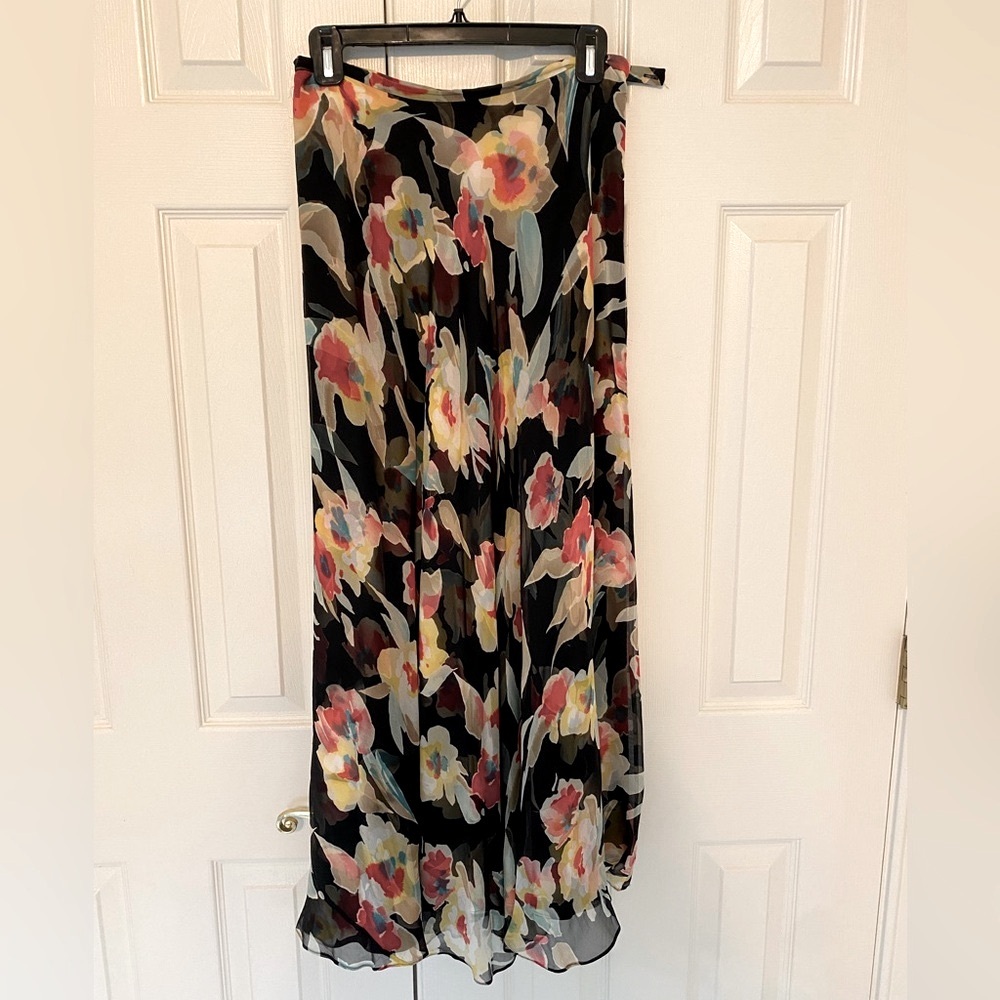 Dana Buchman EUC silk flowy tropical floral Maxi Skirt 8 black yellow red blue